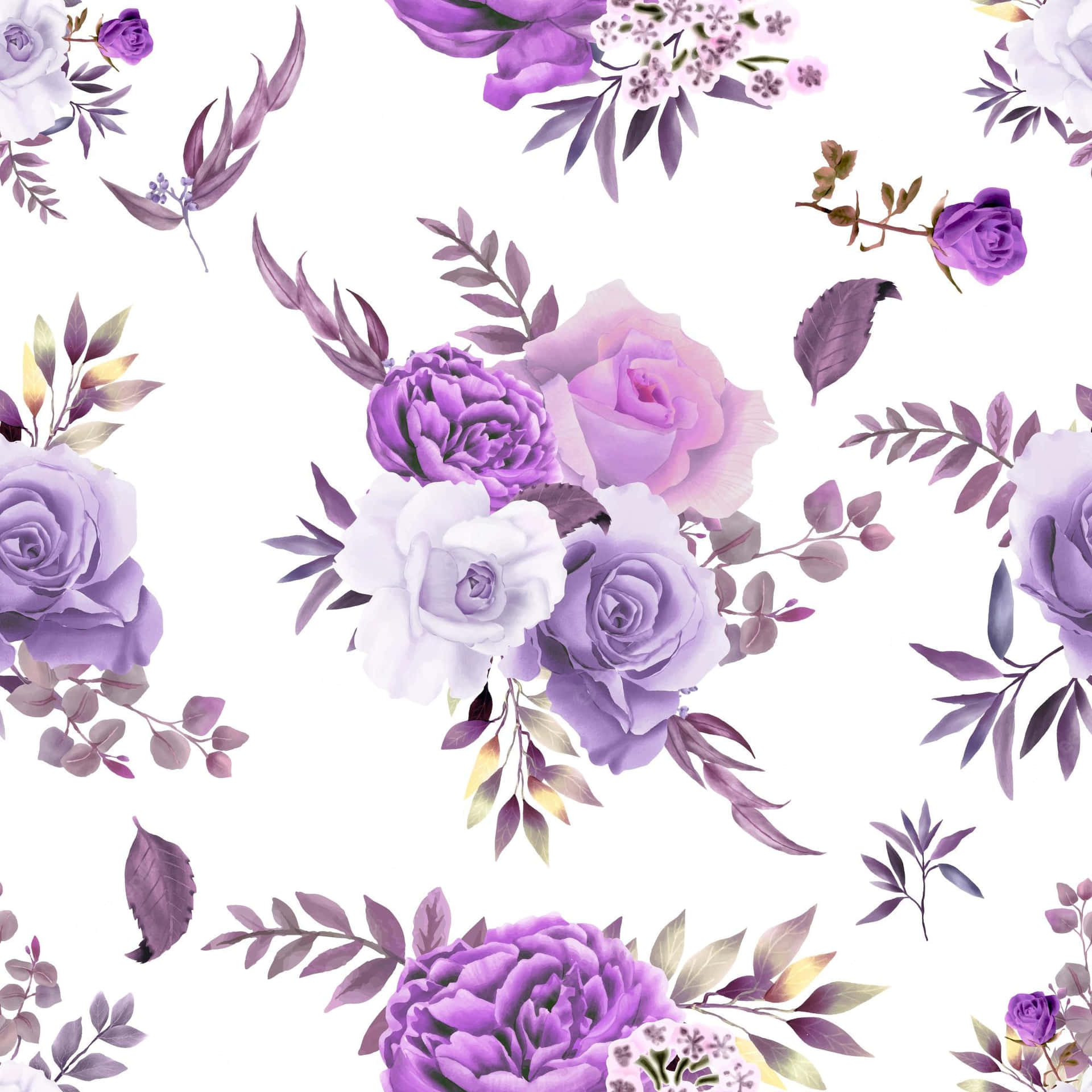 Purple Roses And Leaves On A White Background