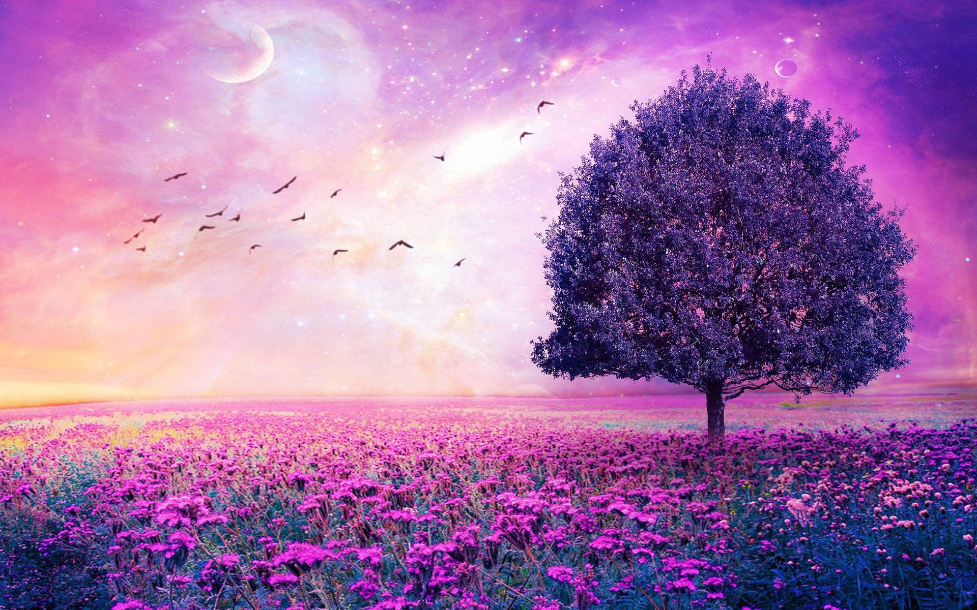 Purple Flowers Aesthetic Digital Artwork Wallpaper