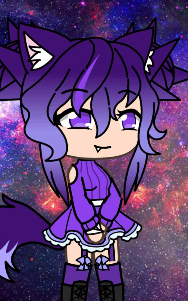 Purple Gacha Life Cat Girl Cosmic Background Wallpaper