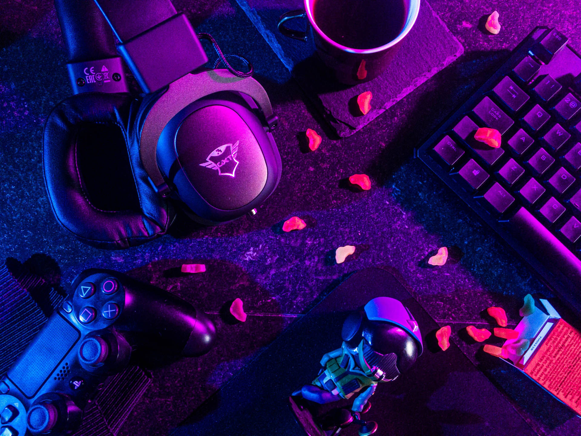Purple Gaming Keyboard And Headset Desktop Wallpaper