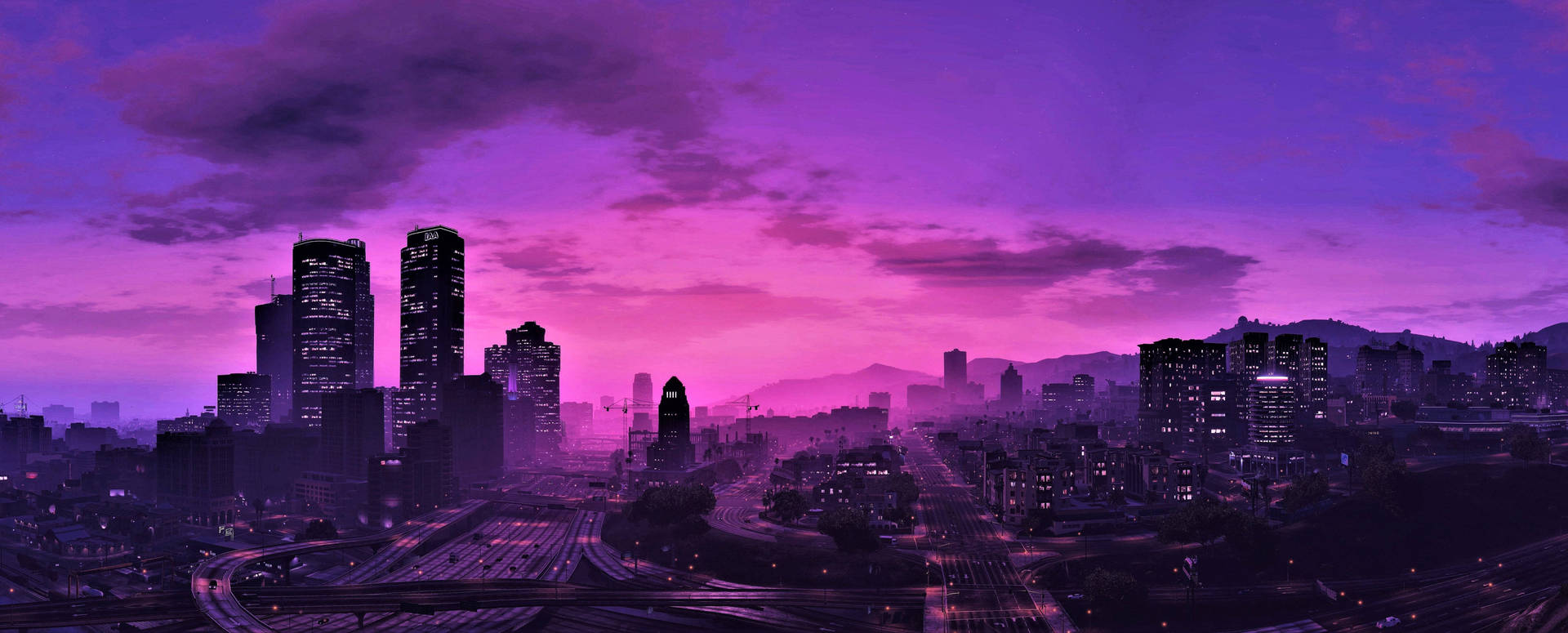 Purple Gaming City View Desktop Wallpaper