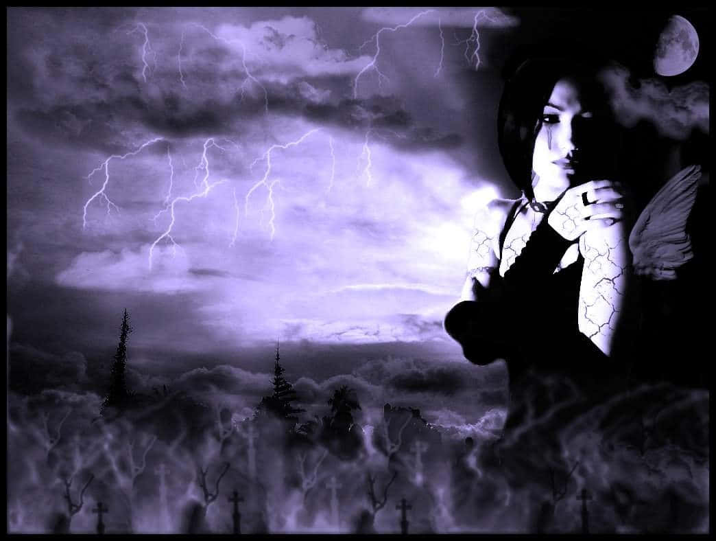 Einefrau In Lila Steht Vor Einem Stürmischen Himmel. Wallpaper