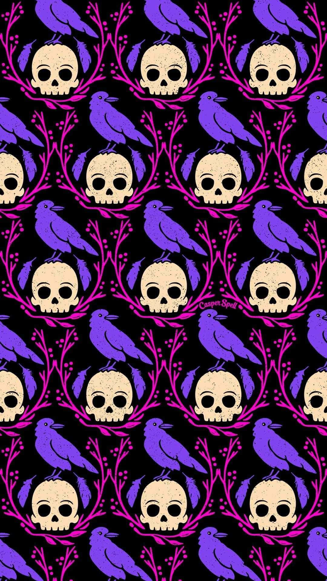 Purple Gothic Skull Crow Pattern Wallpaper
