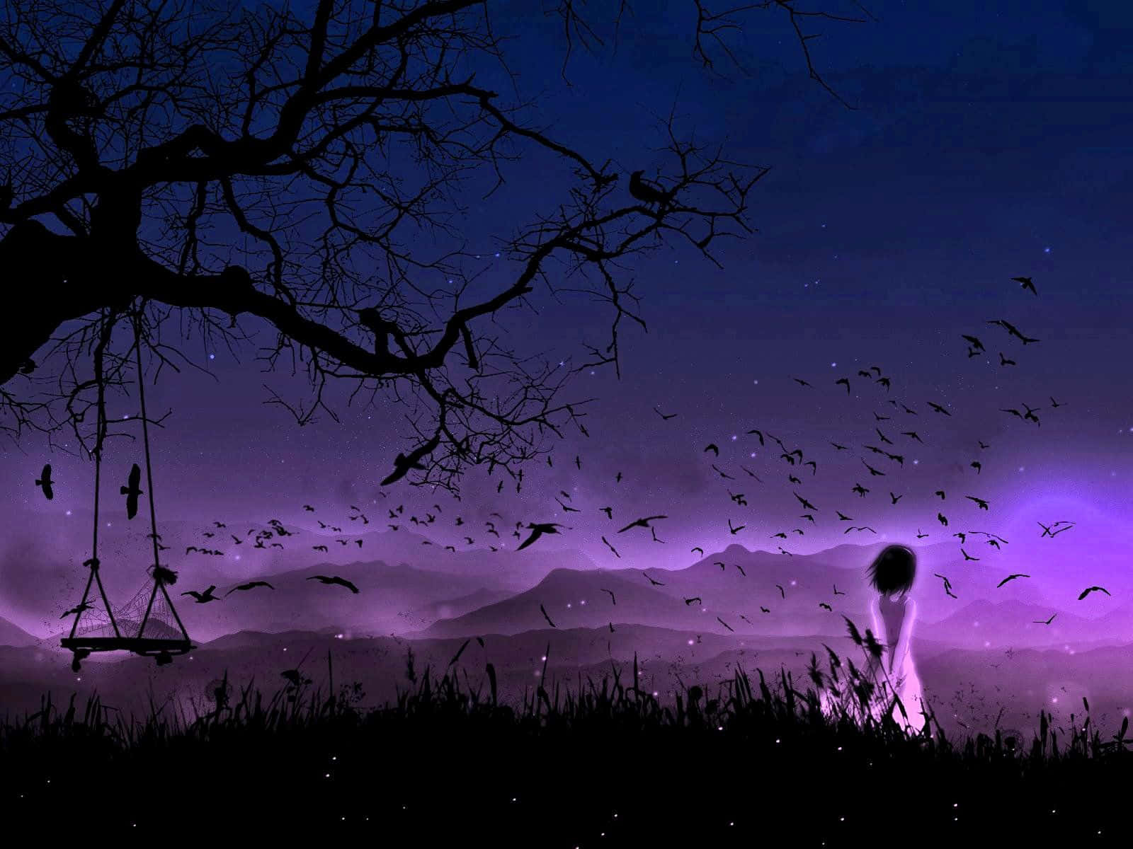 Purple Gothic Girl Lonely Garden Crows Wallpaper