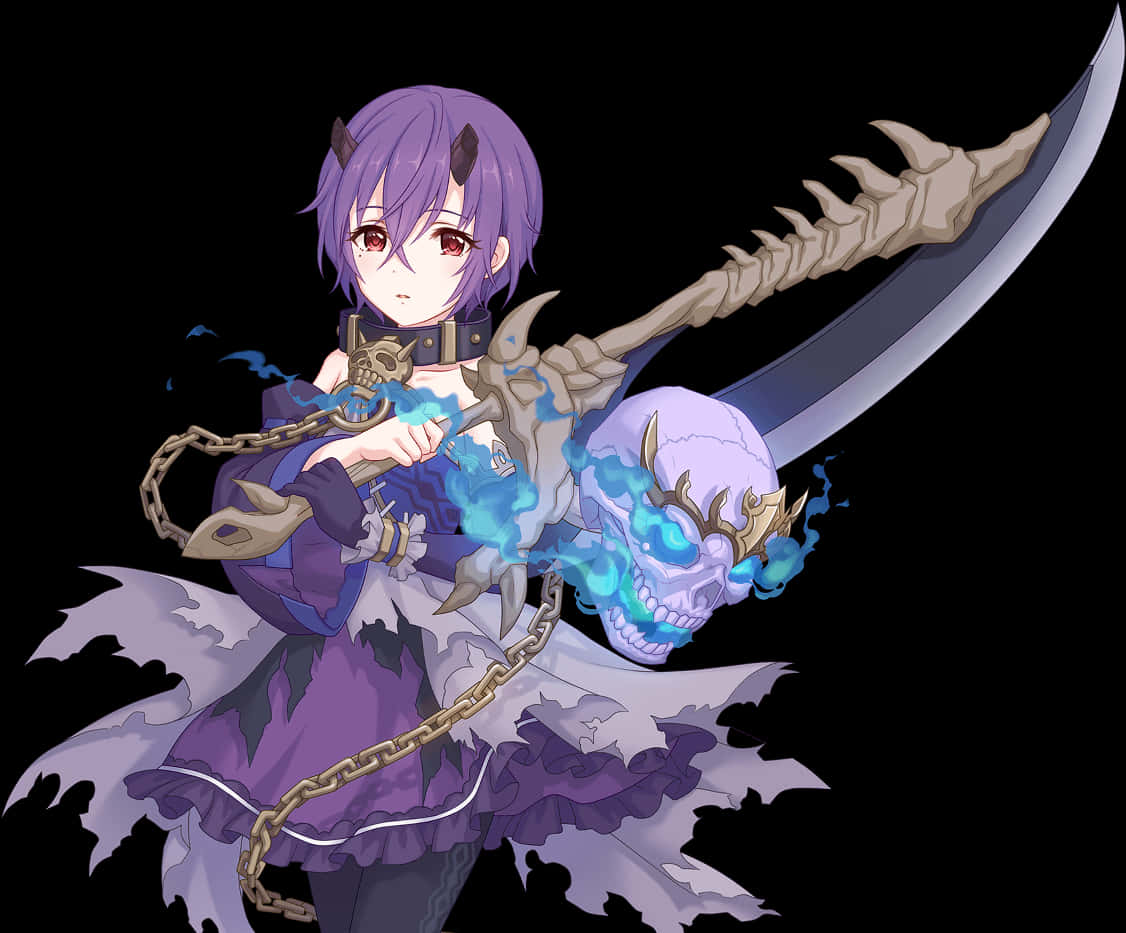 Purple Haired Anime Character With Skull Weapon PNG