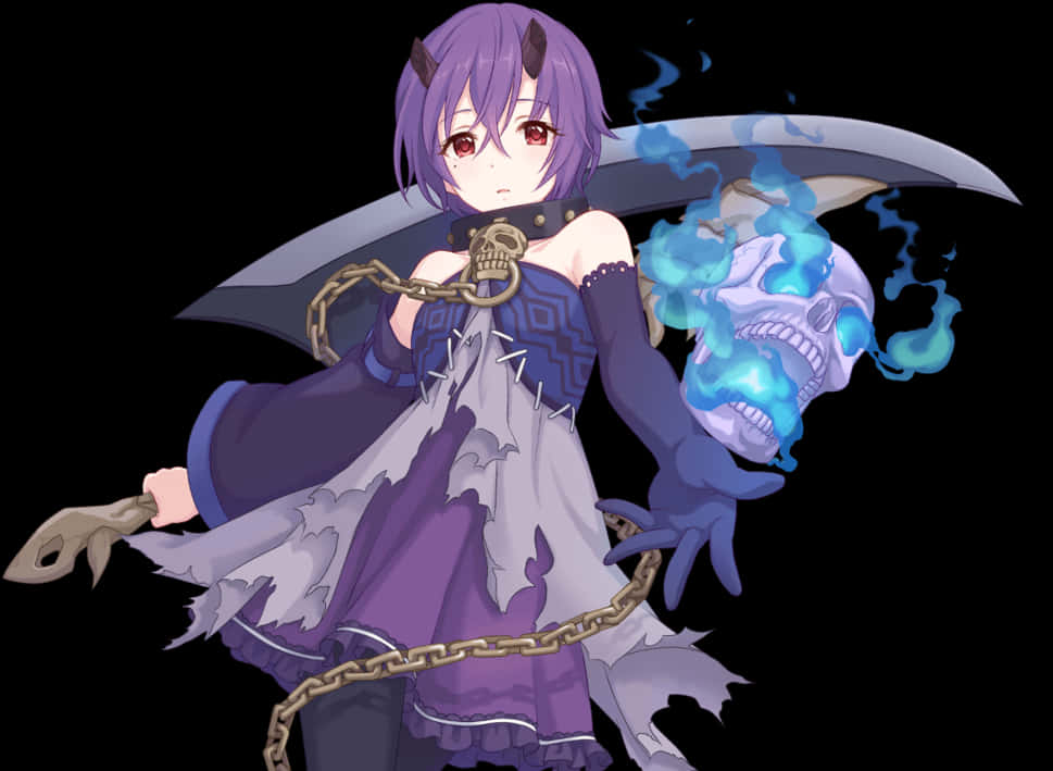 Purple Haired Anime Character With Skulland Flames PNG