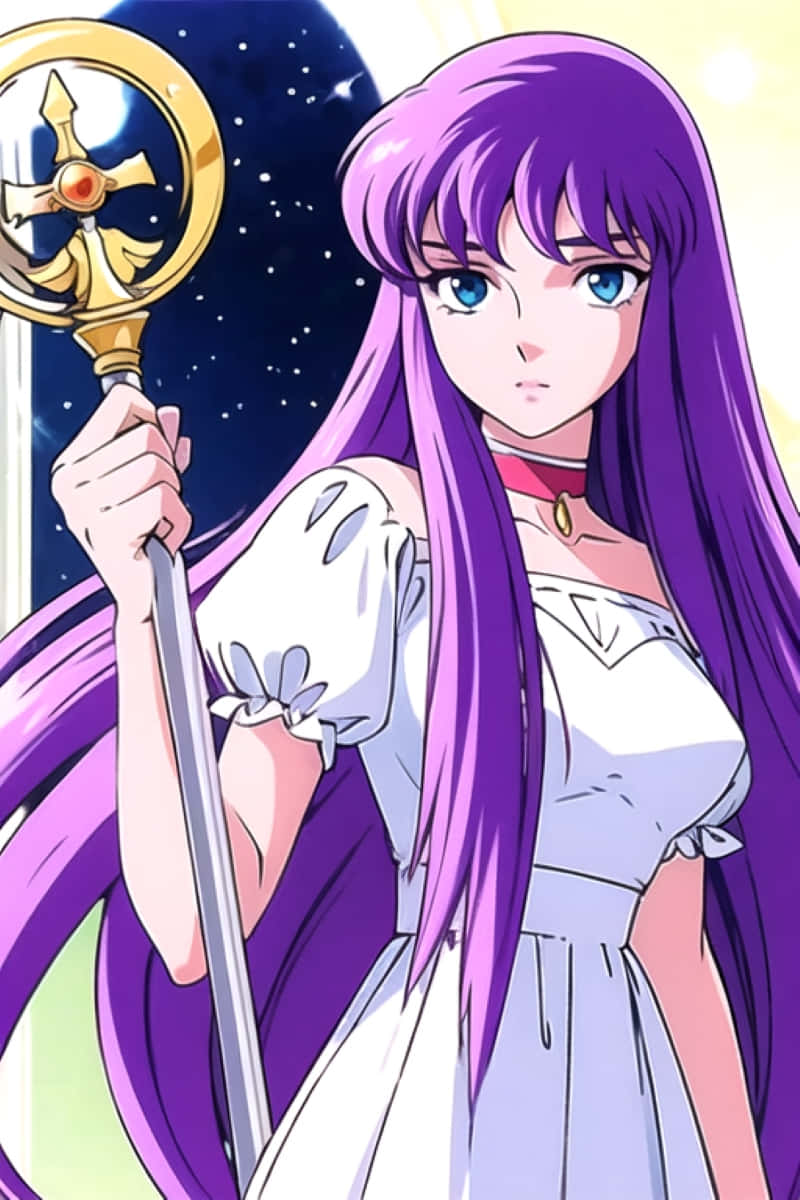 Karakter Anime Berambut Ungu Dengan Scepter Wallpaper