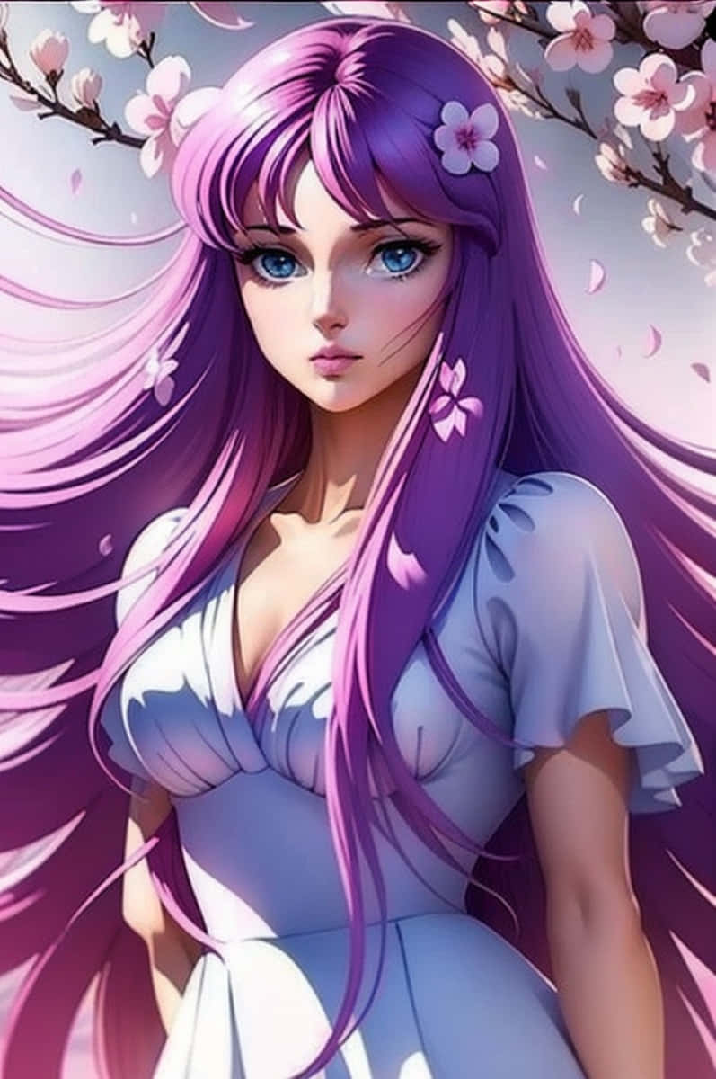 Gadis Anime Berambut Ungu Bunga Sakura Wallpaper