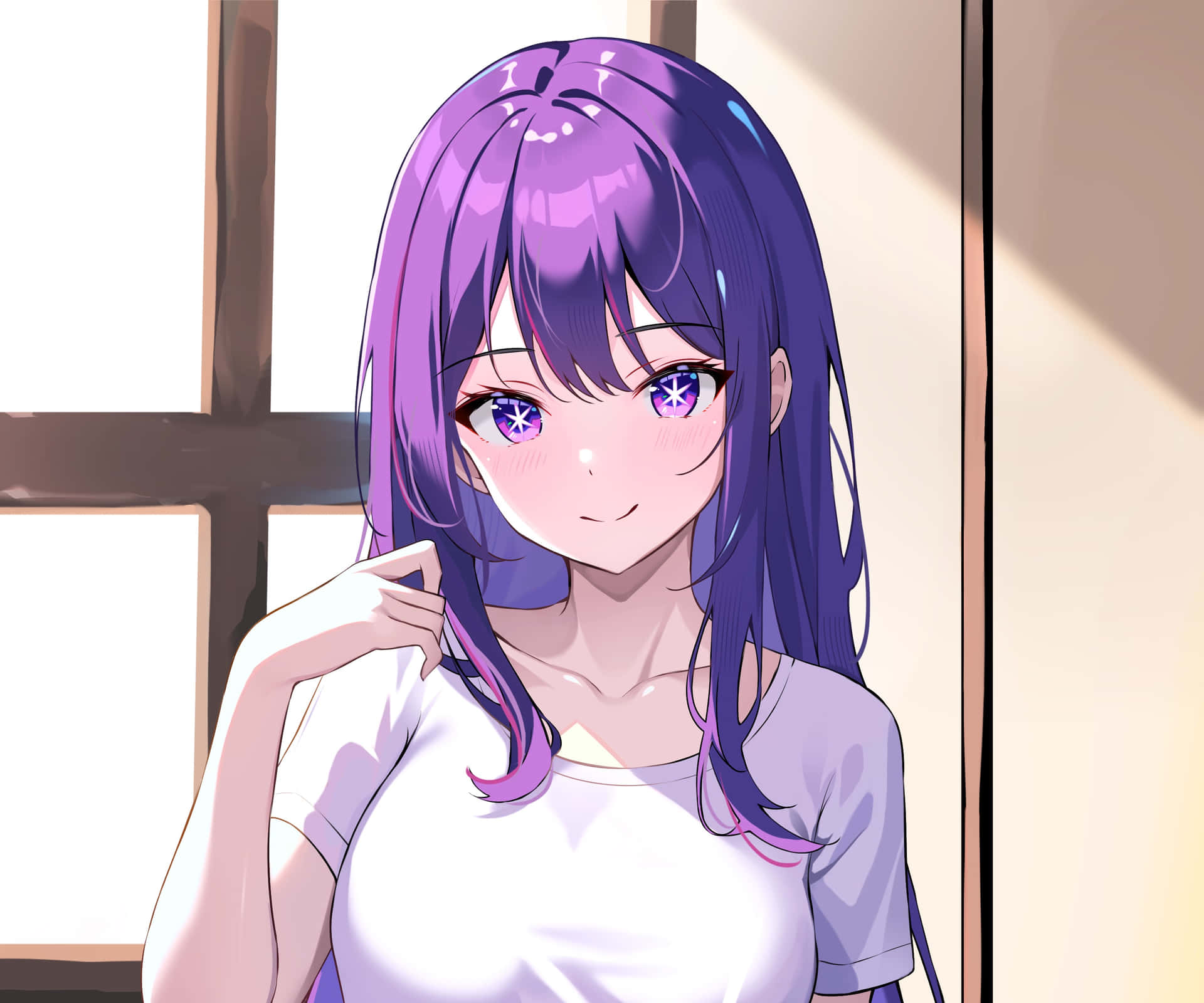 Purple Haired Anime Girl Smiling By Window Wallpaper