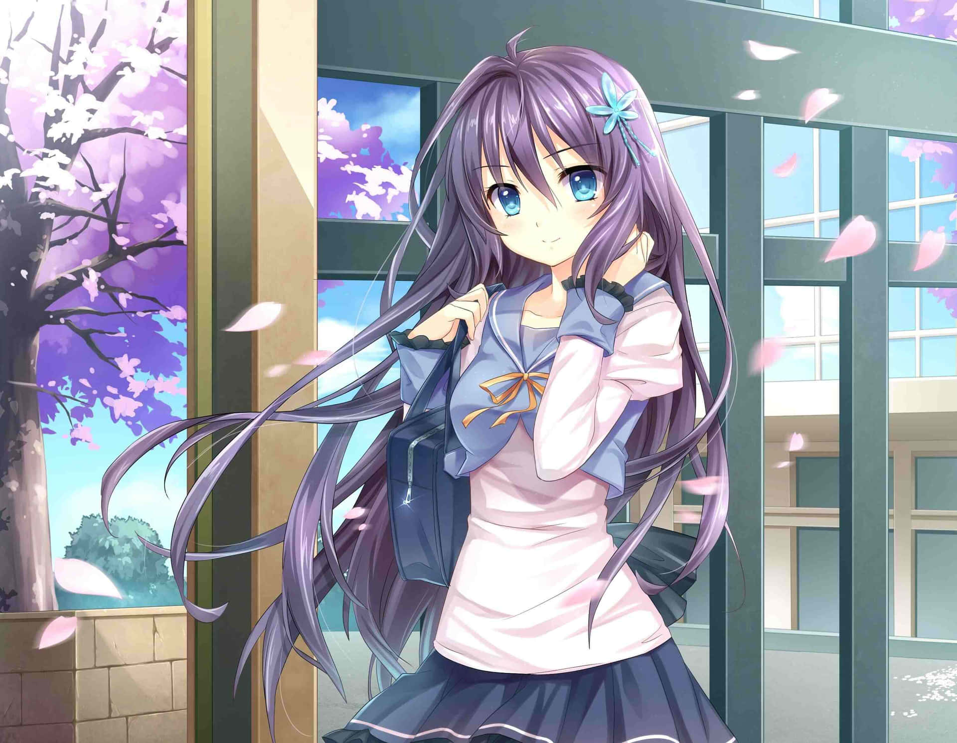Purple Haired Anime Girl Spring Blossoms Wallpaper