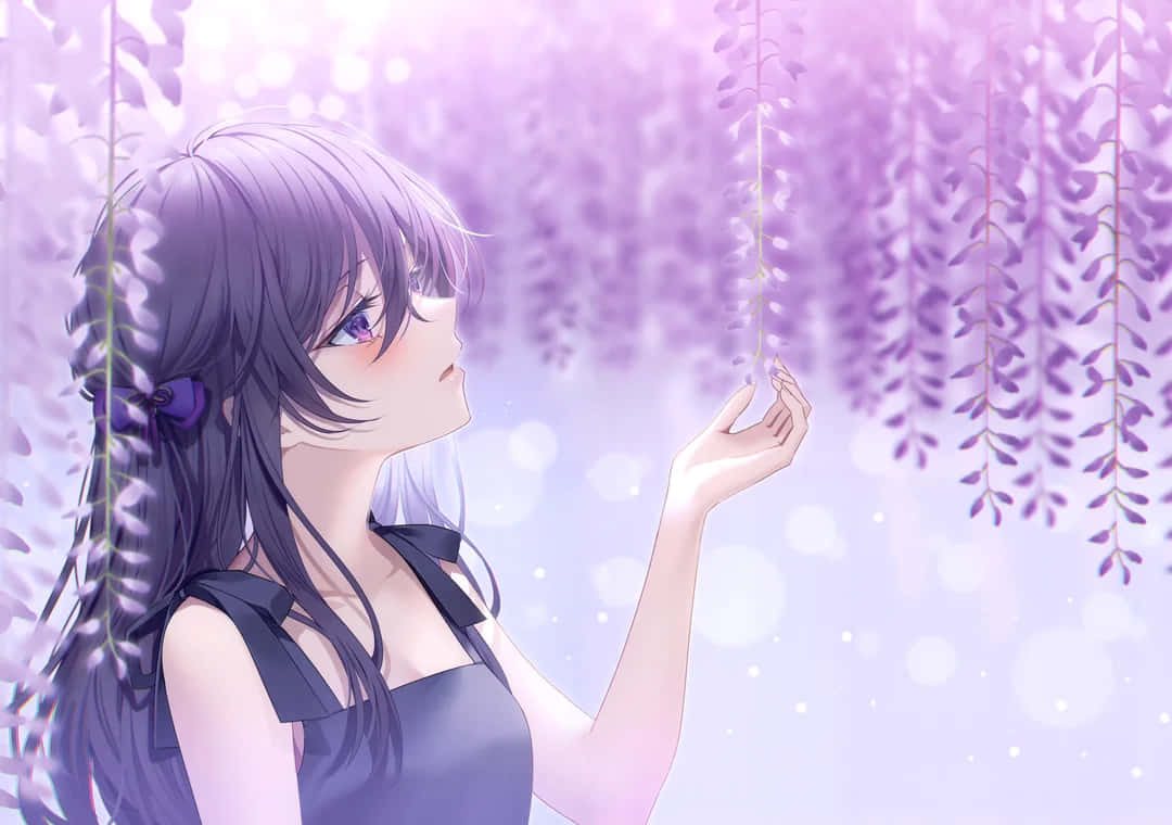 Purple Haired Anime Girlin Wisteria Garden.jpg Wallpaper