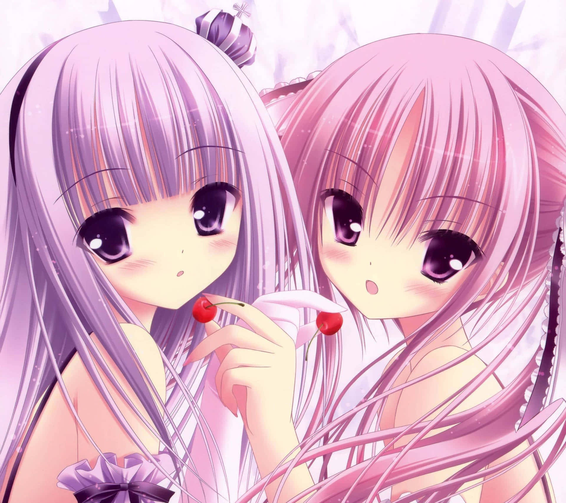 Purple Haired Anime Girls With Cherries Wallpaper