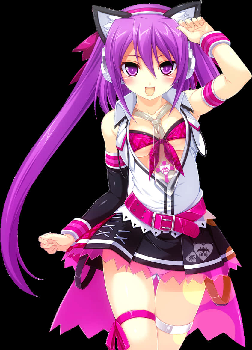 Purple Haired Anime Girlwith Cat Ears PNG
