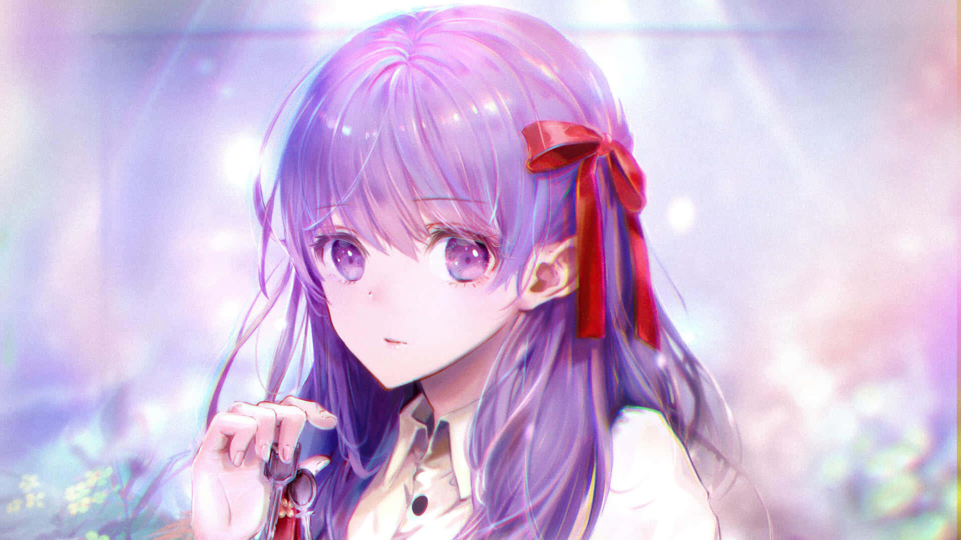 Purple Haired Anime Girlwith Red Ribbon Wallpaper