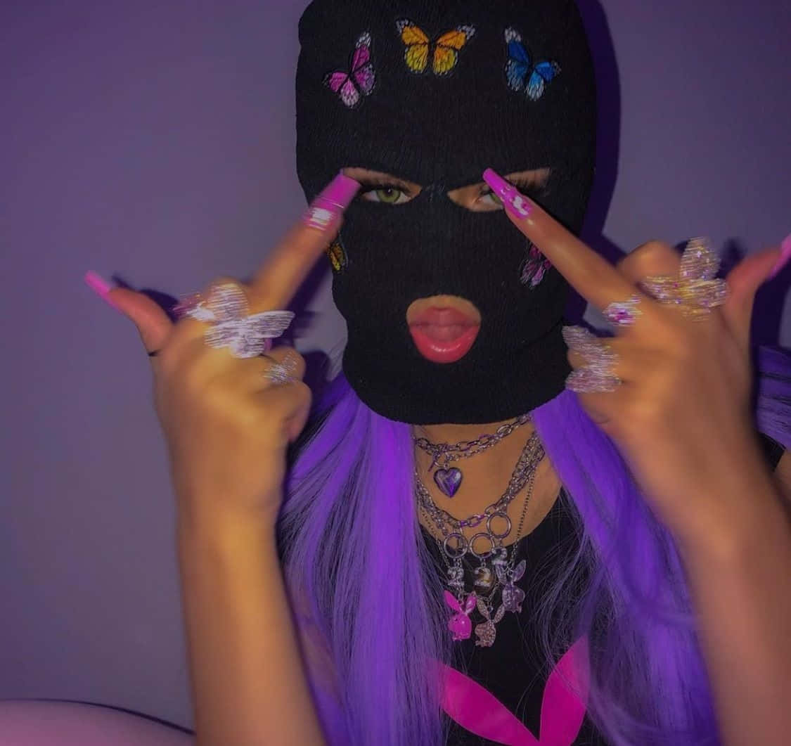 Purple Haired Baddie With Butterfly Ski Mask Wallpaper