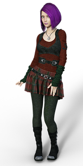 Purple Haired3 D Characterin Plaid Outfit PNG
