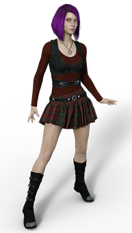 Purple Haired3 D Characterin Skirtand Boots PNG