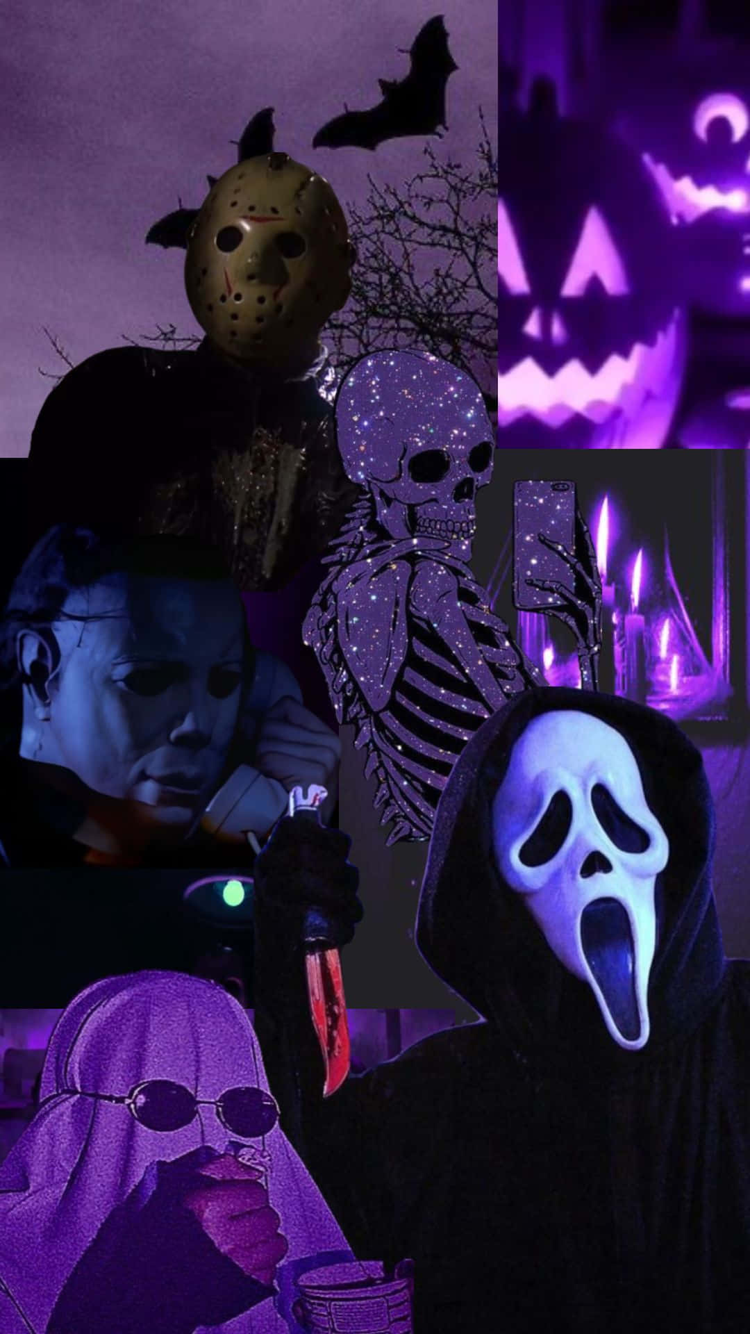 Purple Halloween Collage Horror Icons Wallpaper