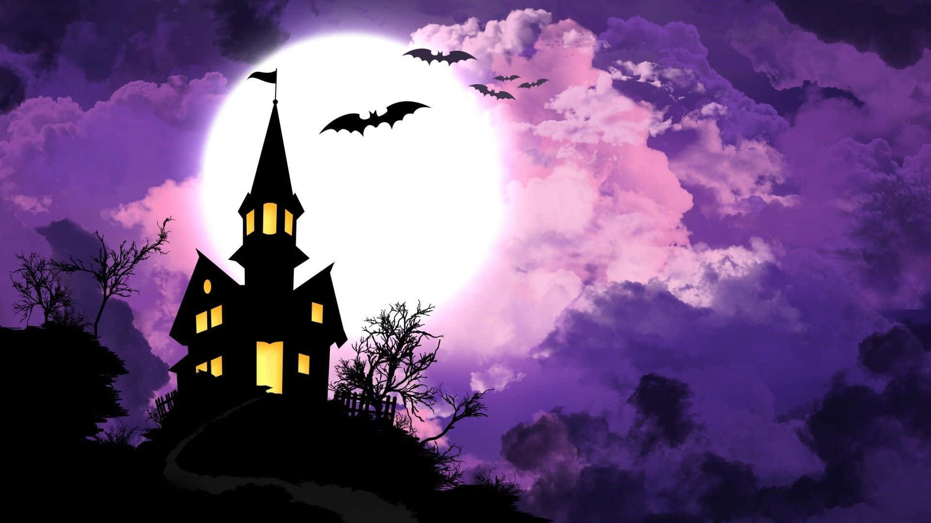 Purple Halloween Haunted House Silhouette Wallpaper