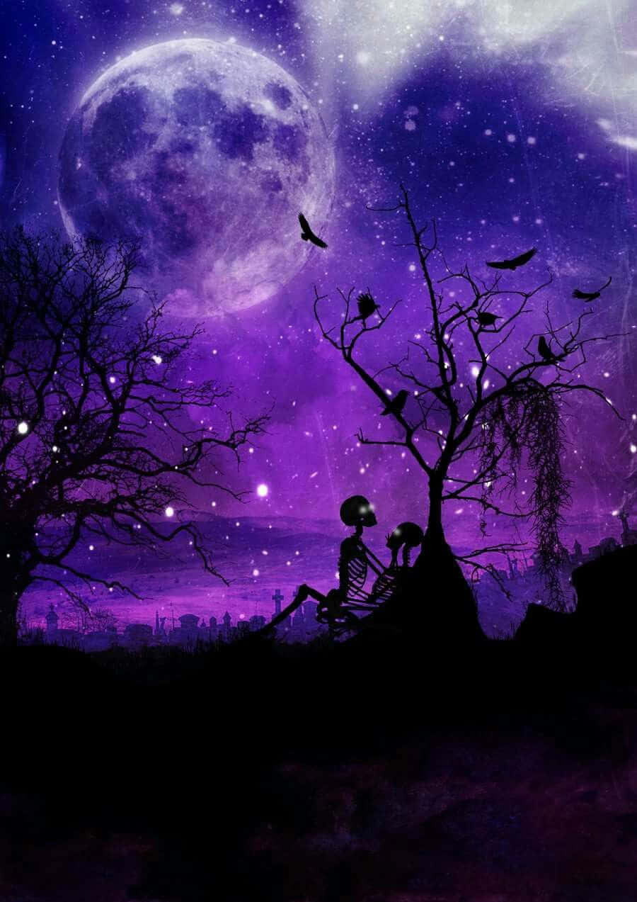 Purple Halloween Moonlight Skeleton Art Wallpaper