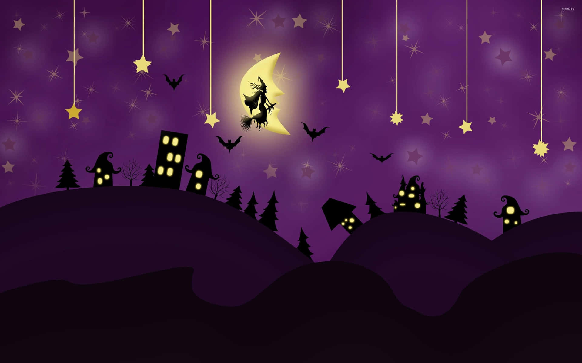 Wallpaper: Lilla Halloween Heks Flyvende På En Kejserbræt Tapet Wallpaper