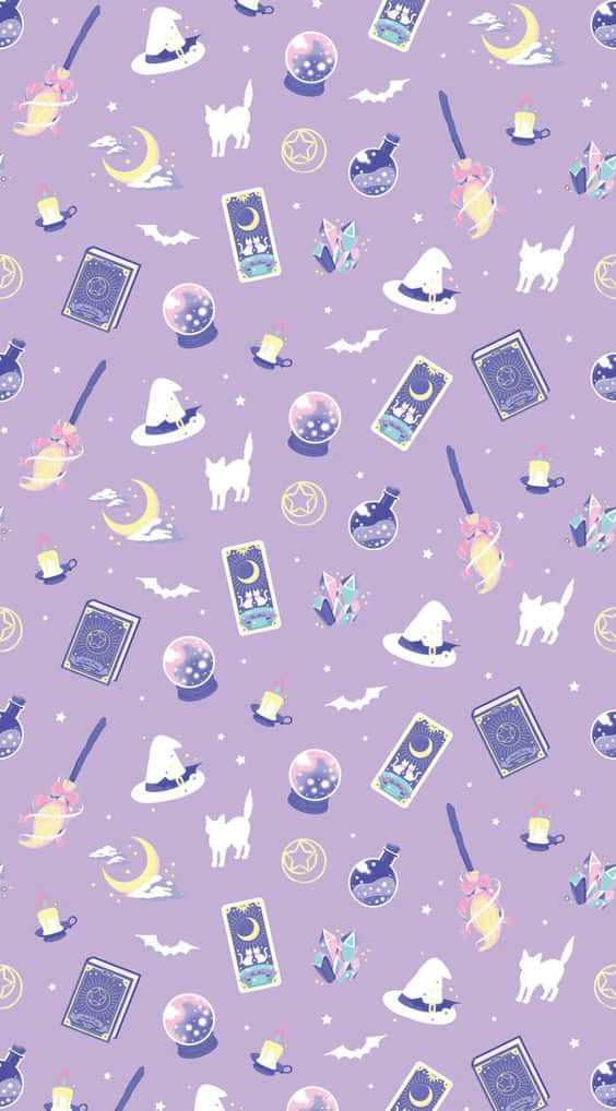 Purple Halloween Witch Gear And Cat Wallpaper