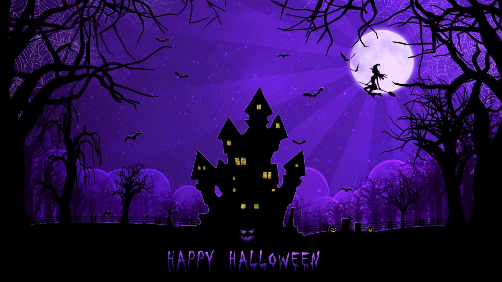 Purple Halloween Witch Flying Haunted House Wallpaper