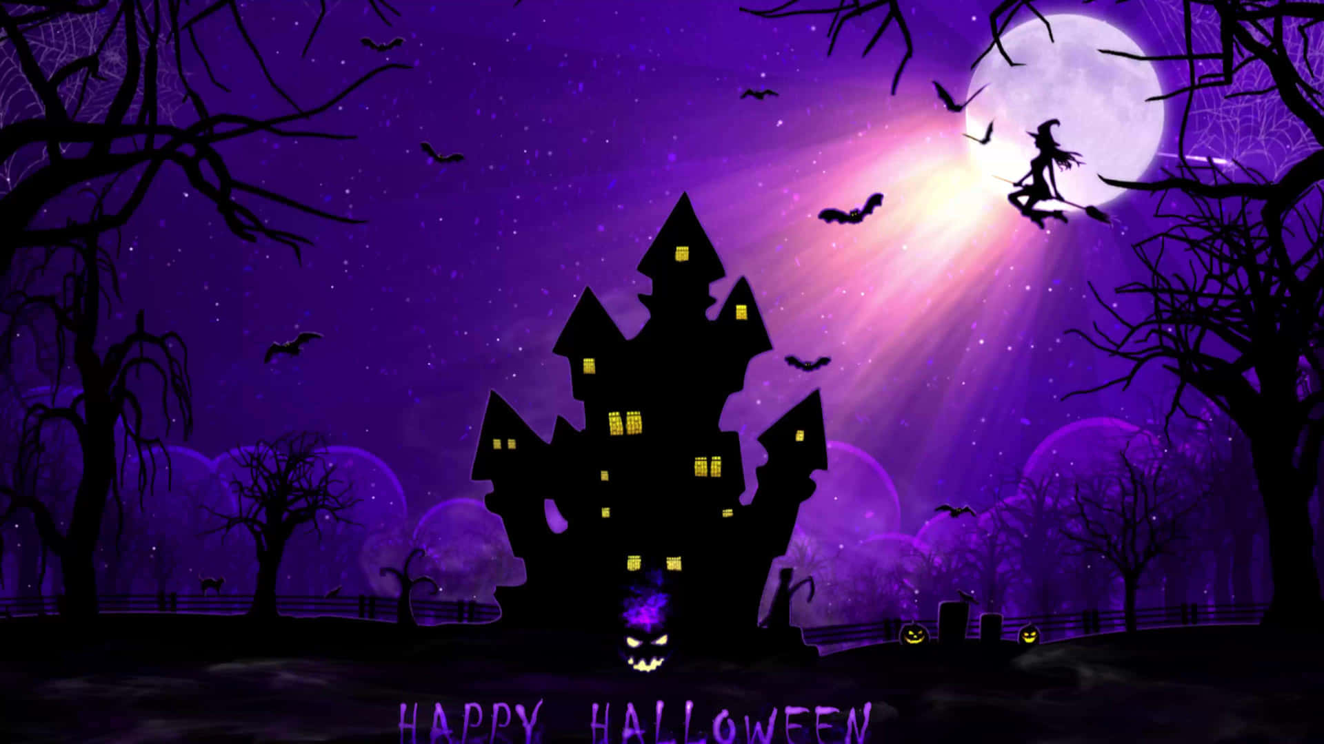 Purple Halloween Witch Silhouette Haunted House Wallpaper