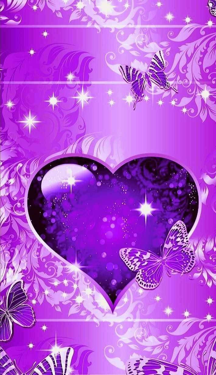 Purple Heart And Purple Butterflies Wallpaper