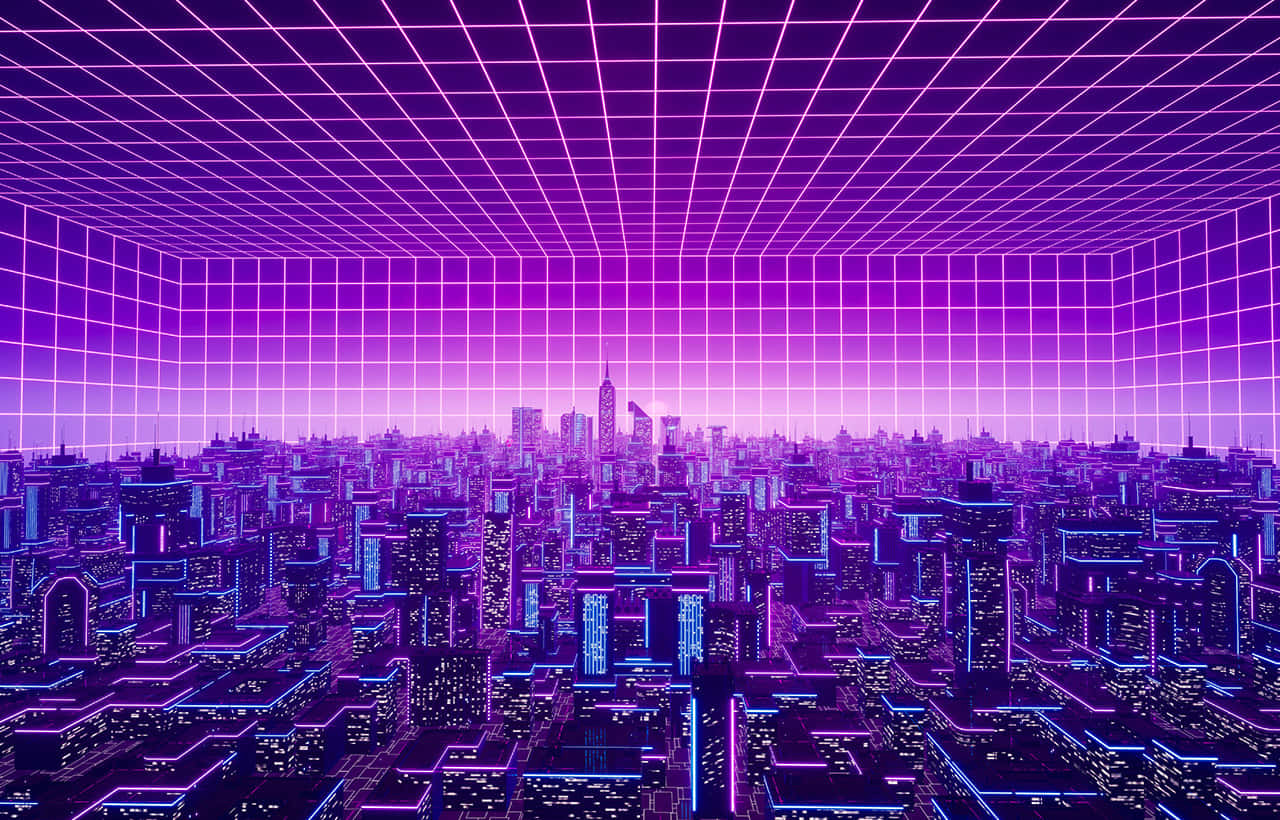 A Cityscape With Neon Lights And A Purple Background Wallpaper