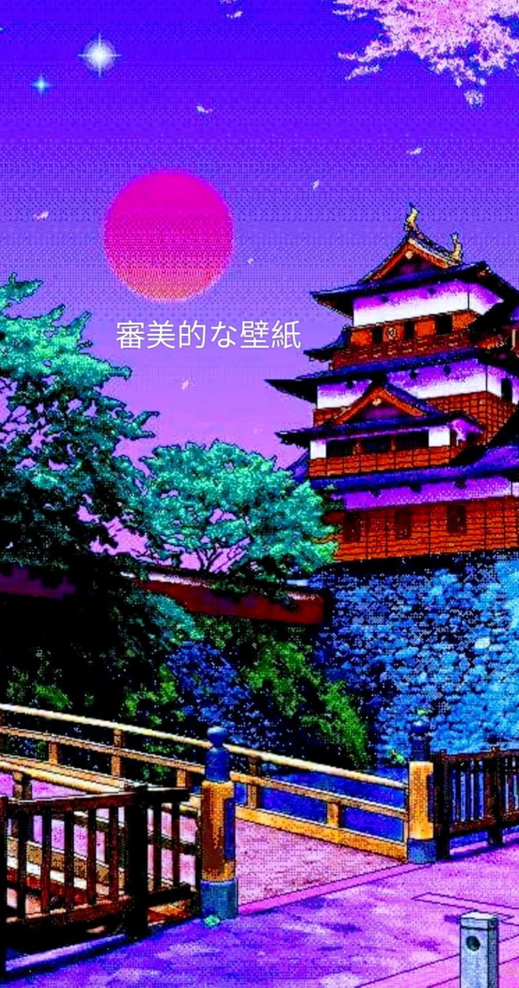 En japansk stil spil med en lilla himmel og et eventyrslot. Wallpaper