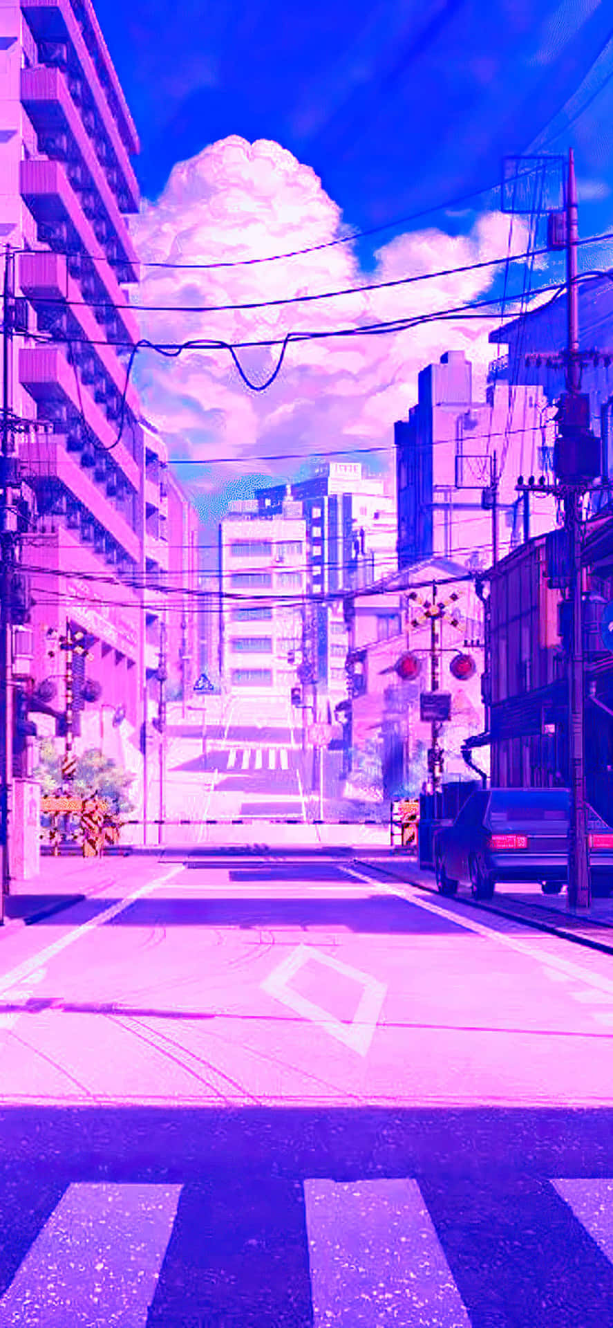 A view of Japanese town with an emphasis on purple. Wallpaper
