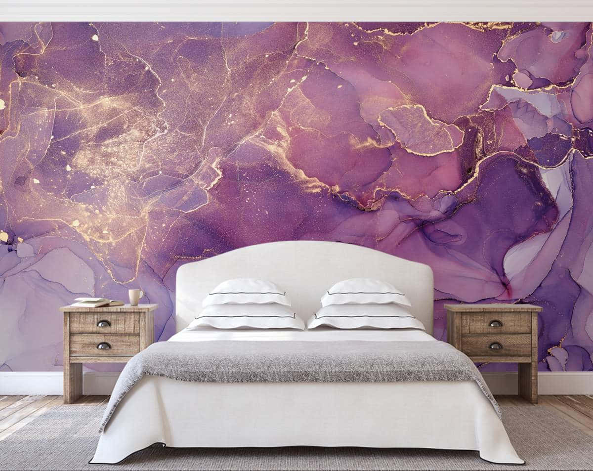 A Purple And Gold Marble Wall Mural In A Bedroom