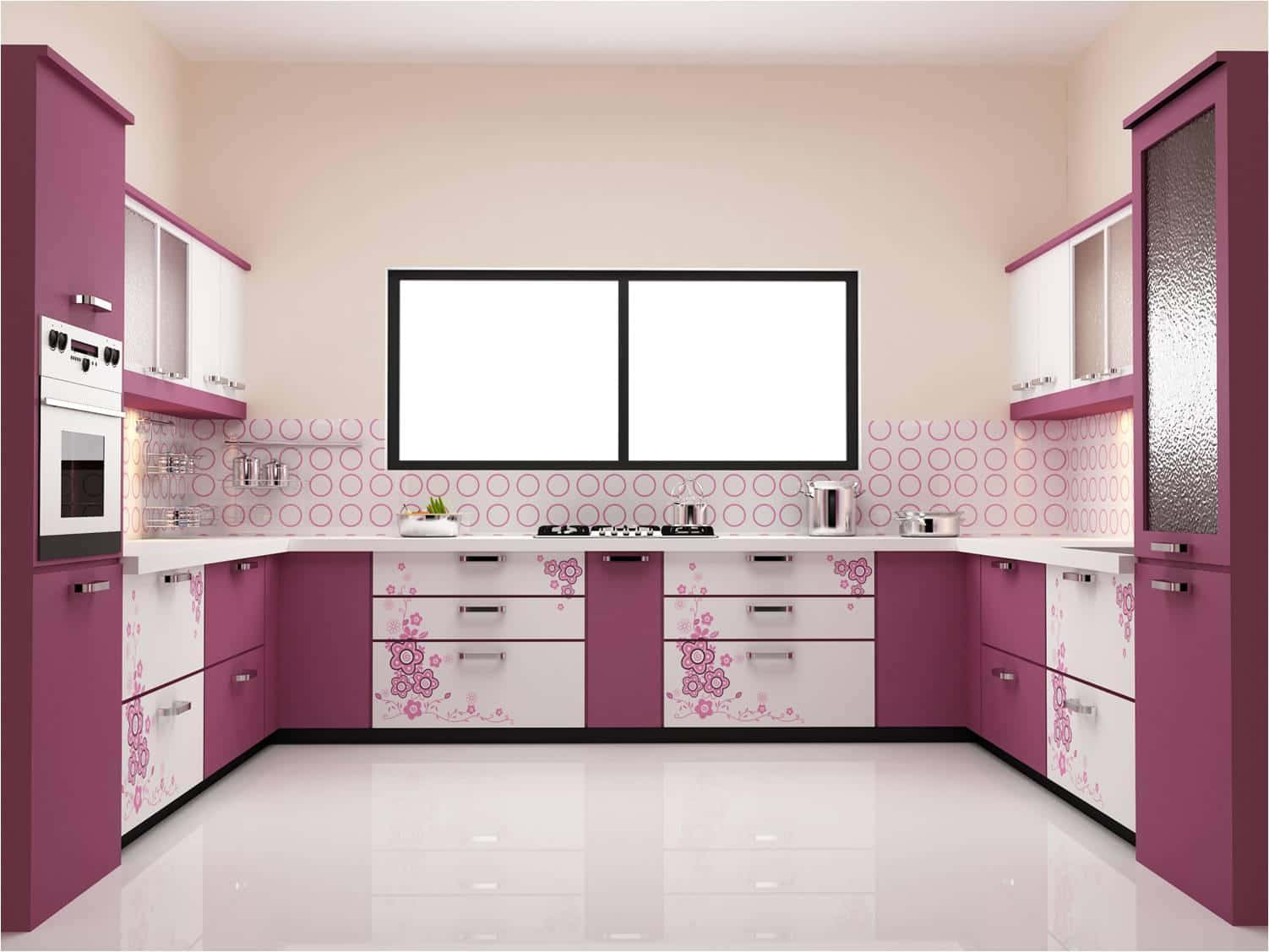 Purple Modular Kitchen With Floral Design Picture