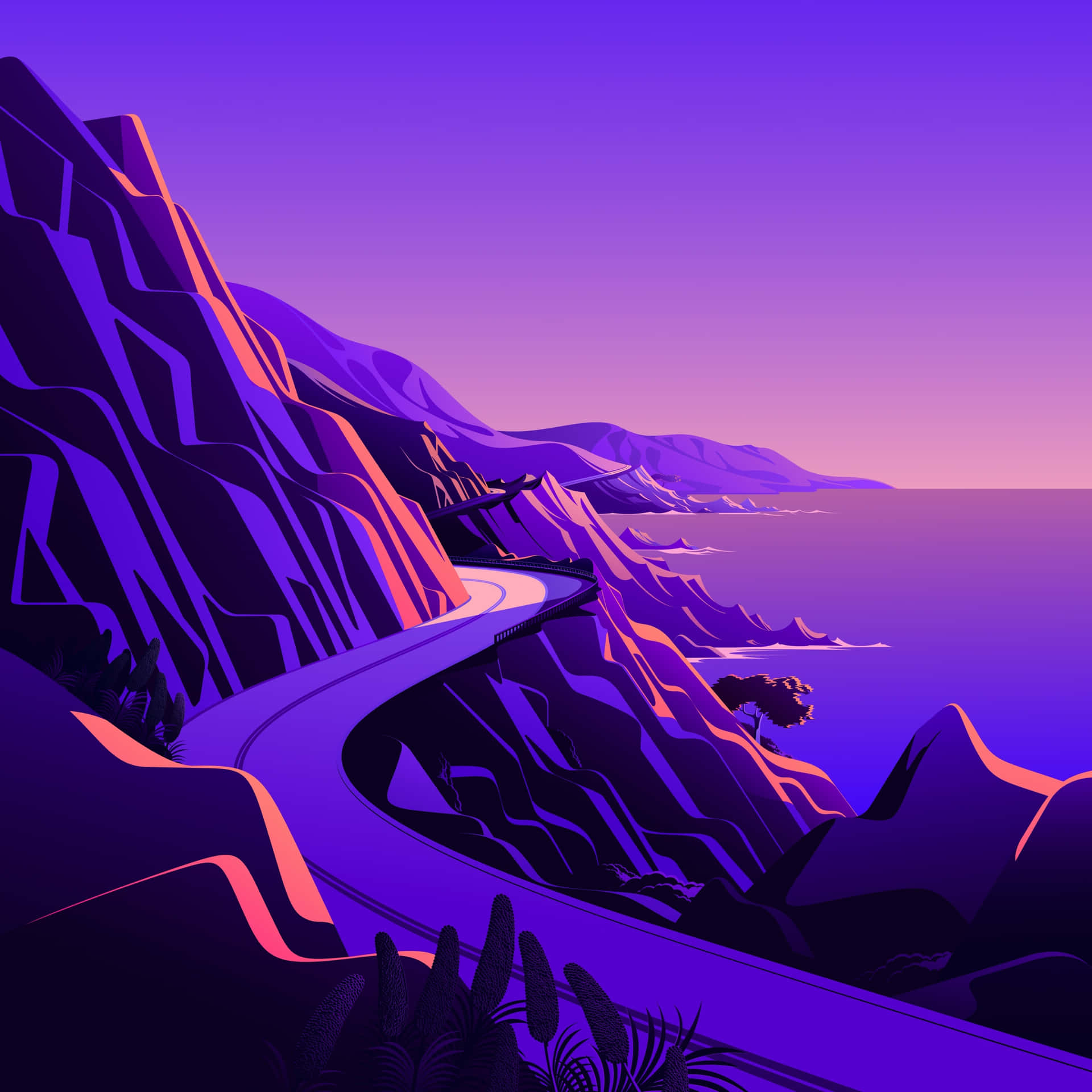 Purple Mountain Coastal Road Illustration Wallpaper