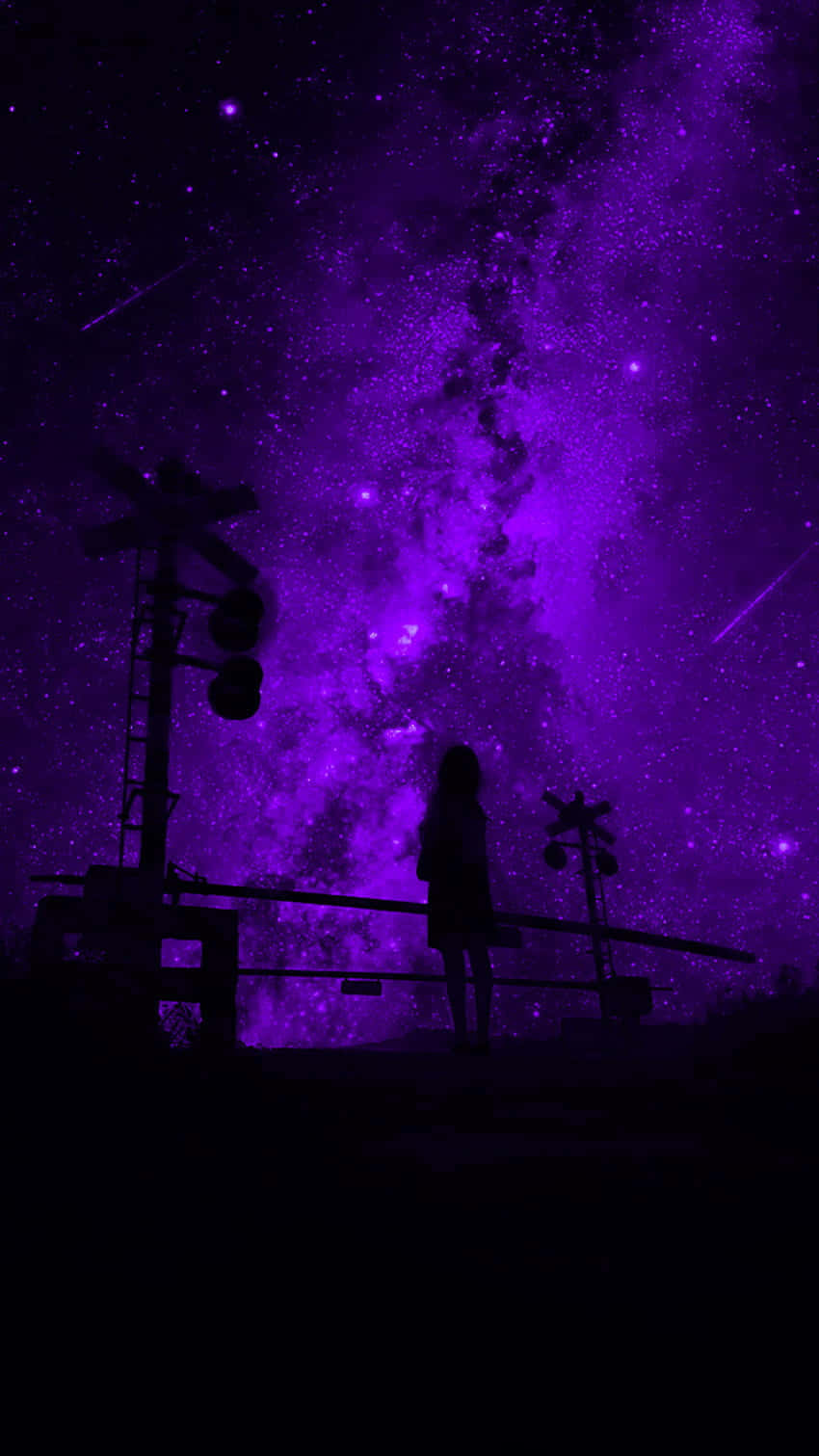Purple Nebula Railroad Crossing Silhouette Wallpaper