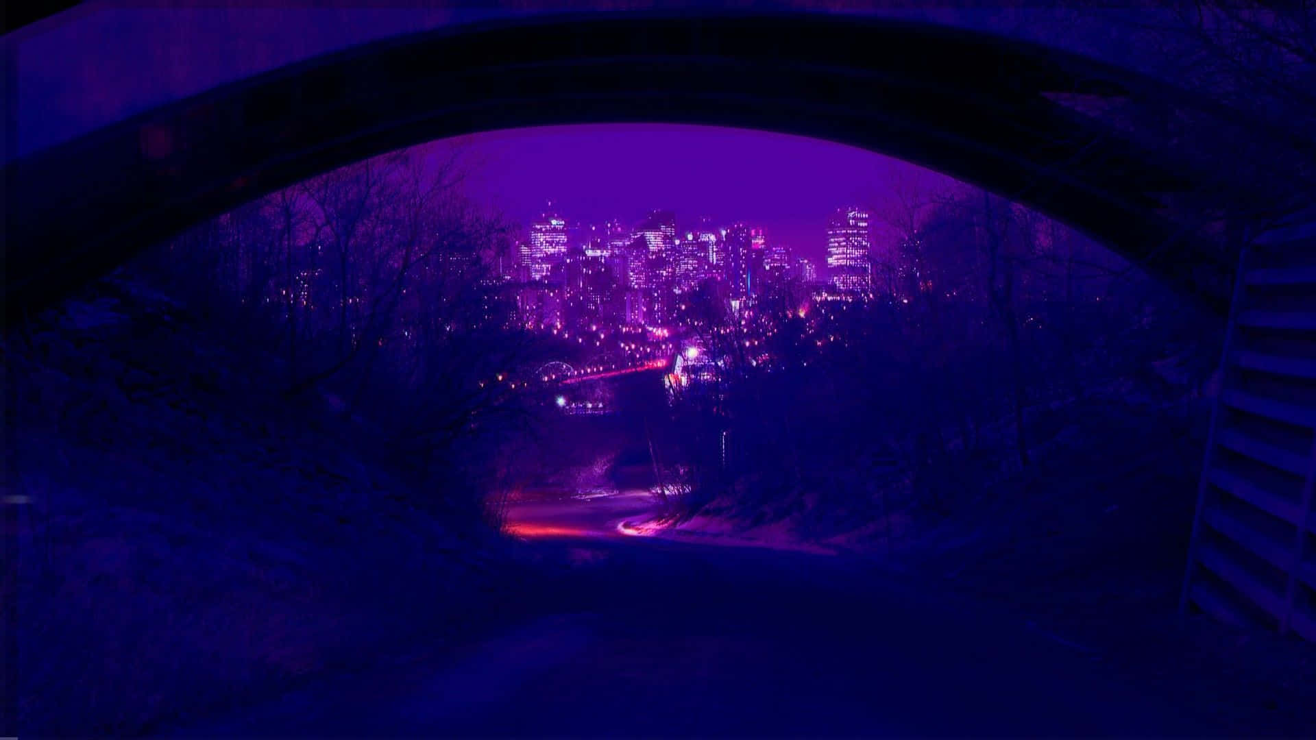 A Purple Tunnel With A City View Wallpaper