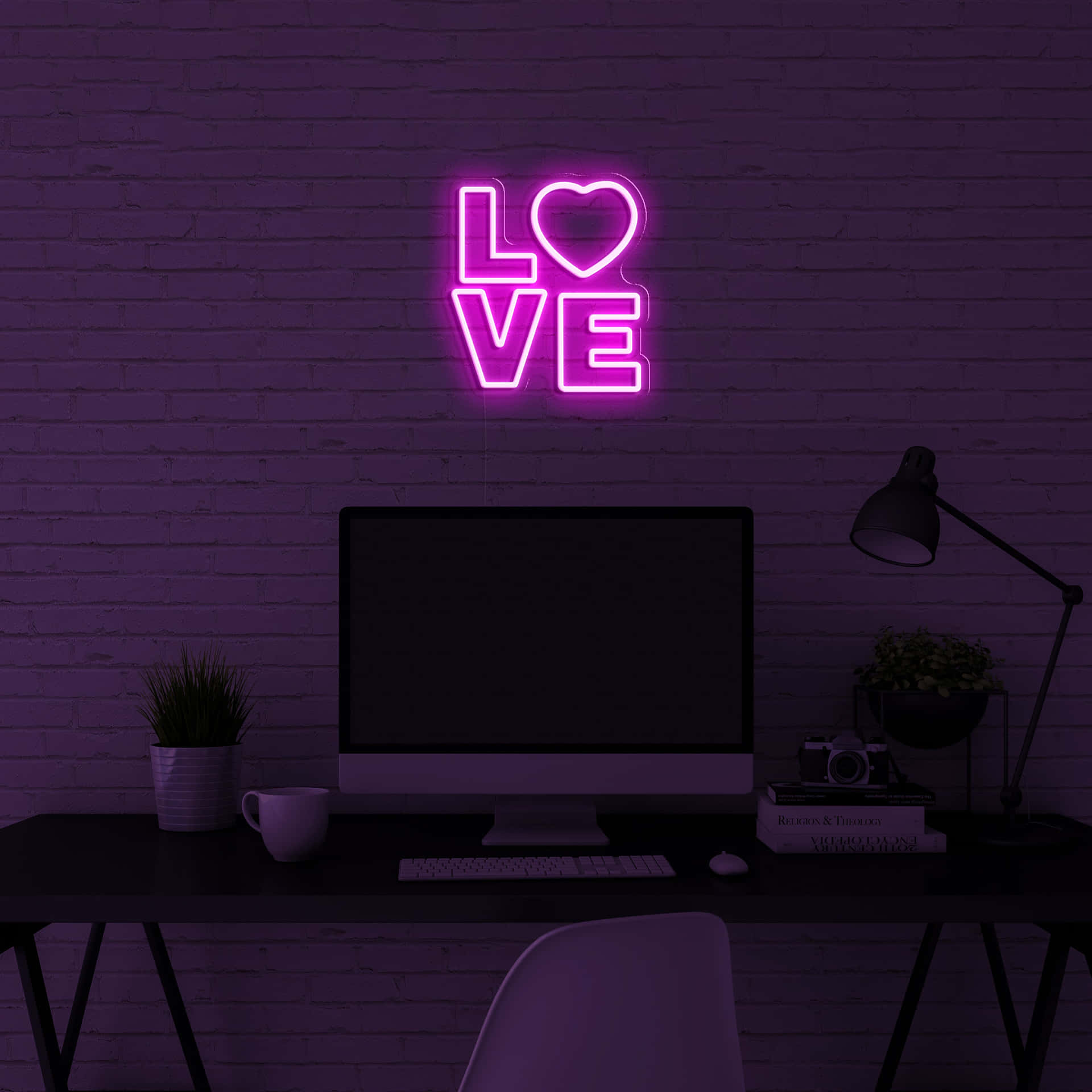 Njutav De Vackra Ljuseffekterna På Denna Purple Neon Aesthetic-dator. Wallpaper