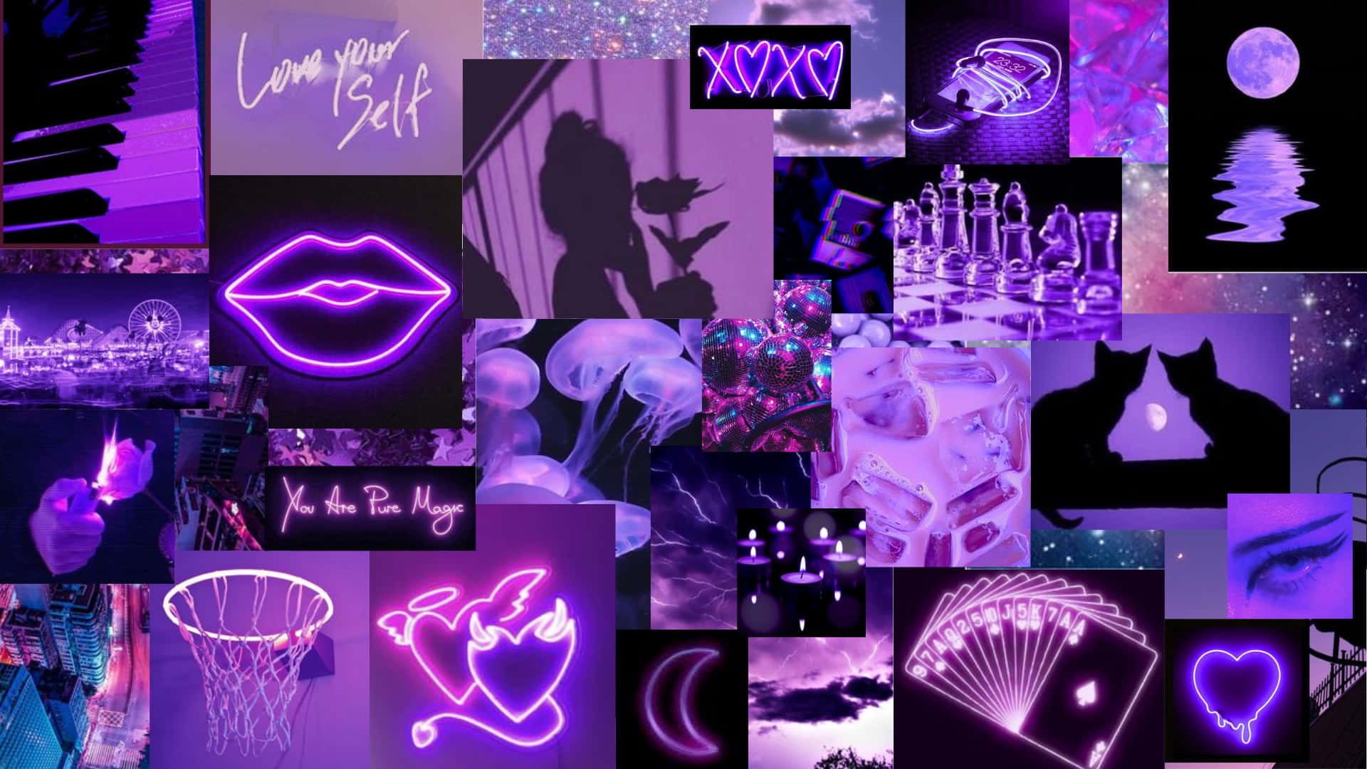 An aesthetically pleasing computer featuring a purple neon glow Wallpaper