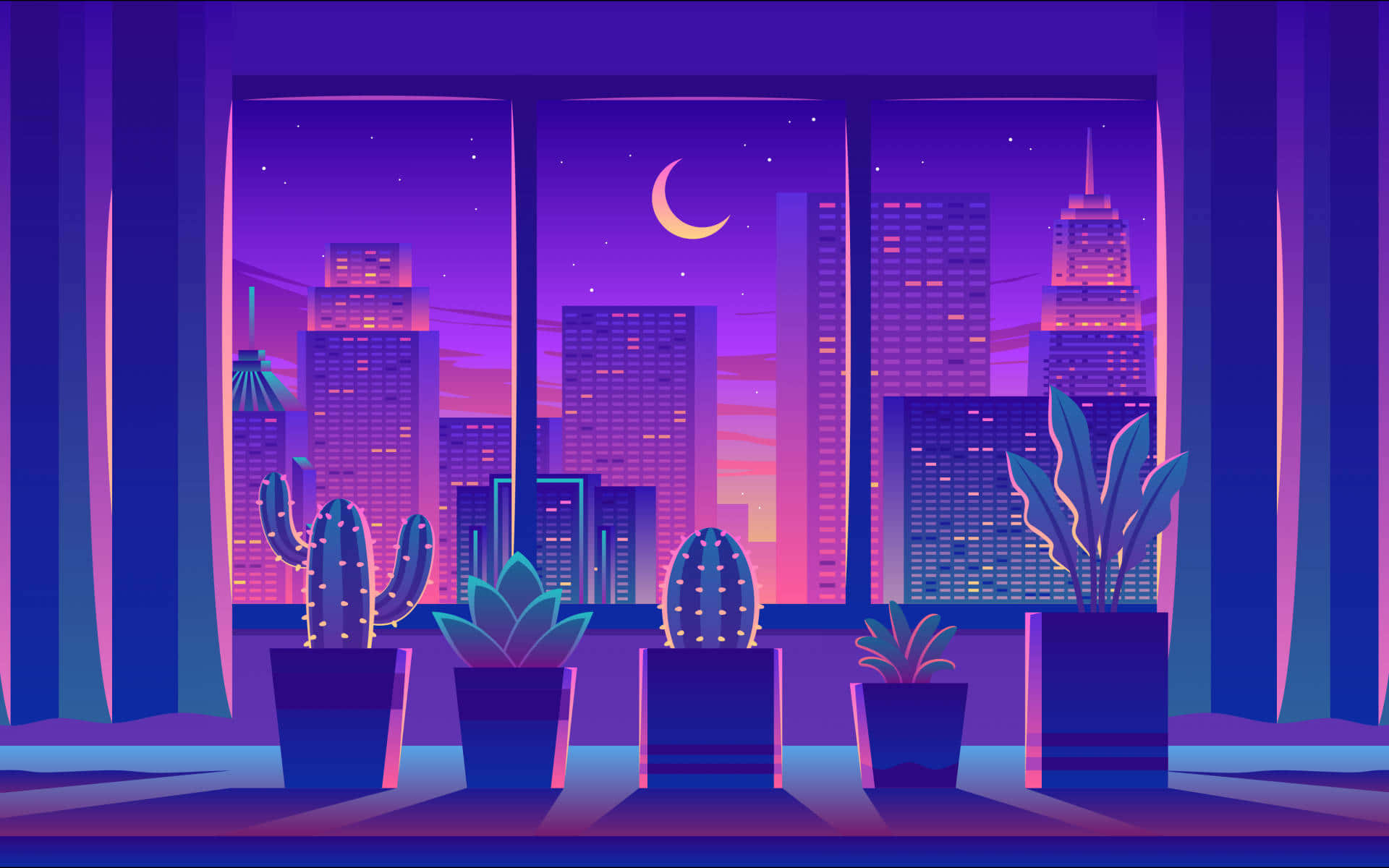 Unascena Notturna Con Cactus E Panorama Urbano Sfondo
