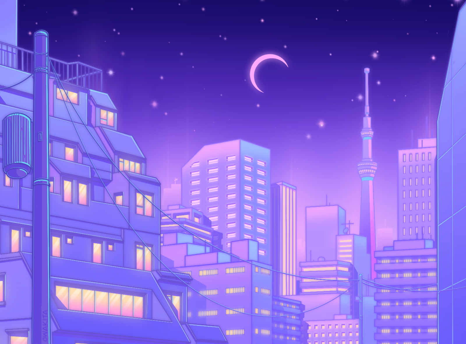 Papelde Parede Roxo De Noite Na Cidade De Tóquio Em Estilo Anime. Papel de Parede