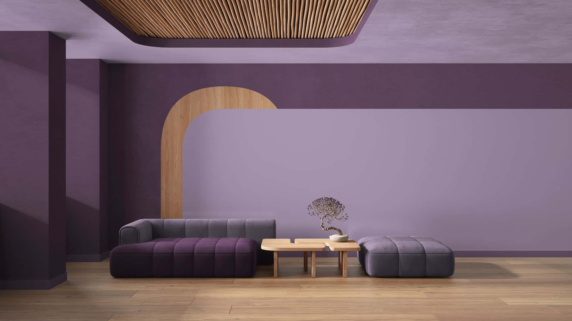 Einzimmer Mit Lilafarbenen Wänden Und Einem Holzboden