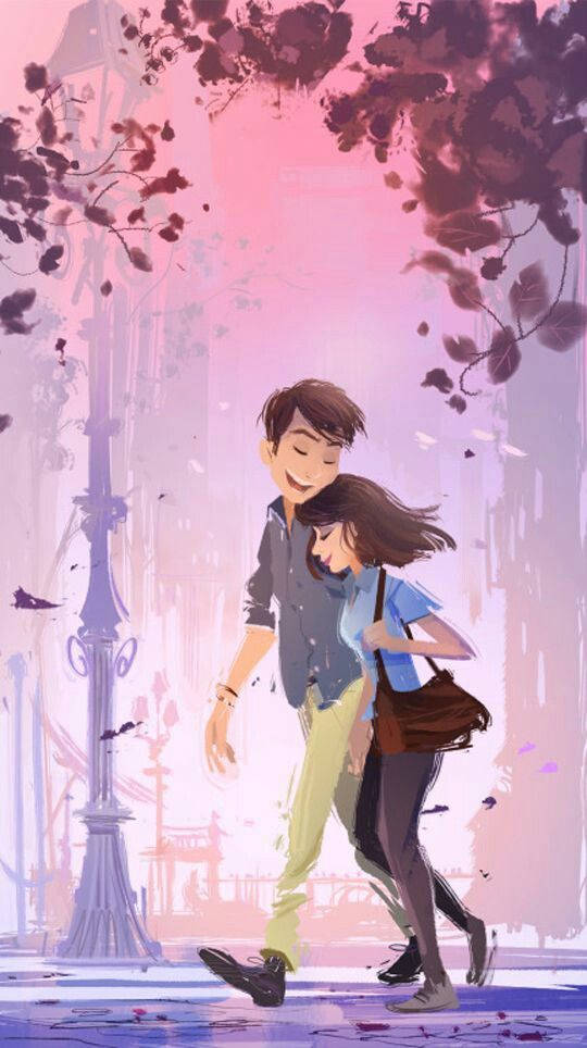 Purple Pink Cute Couple Cartoon Wallpaper