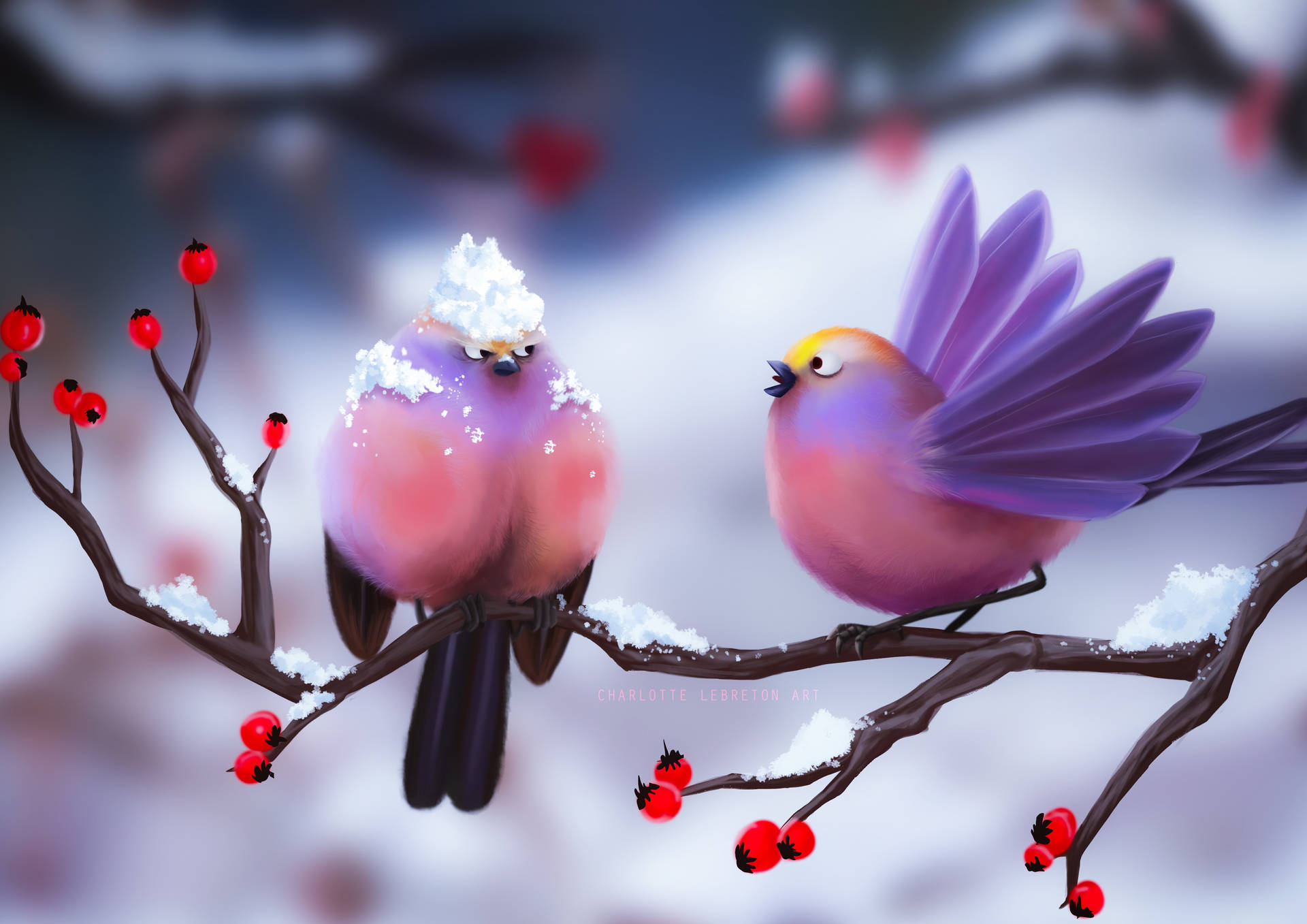 Purple-Pink Love Birds On Cherry Branch Wallpaper