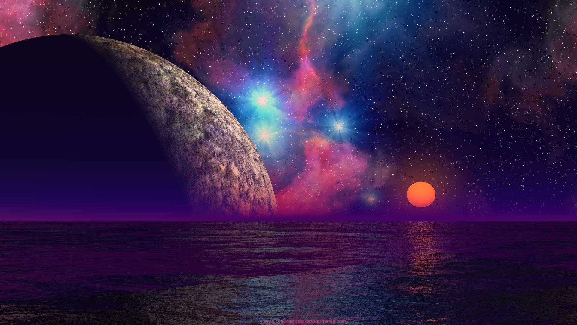 Purple Planet Ocean Sunset Wallpaper