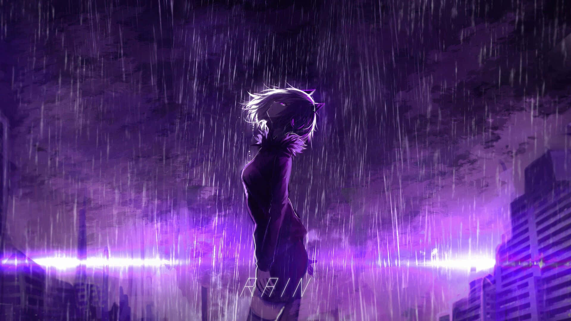 Purple_ Rain_ Anime_ Girl_ Cityscape Wallpaper