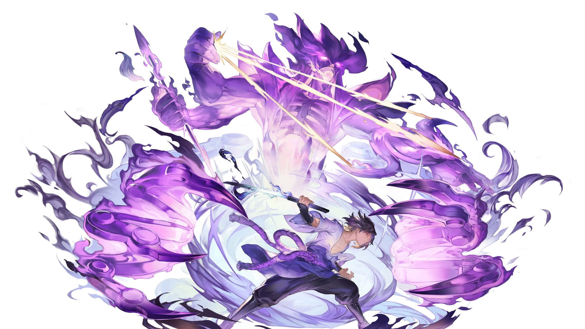 Einedramatische Silhouette Des Ikonischen Anime-charakters Purple Sasuke Wallpaper