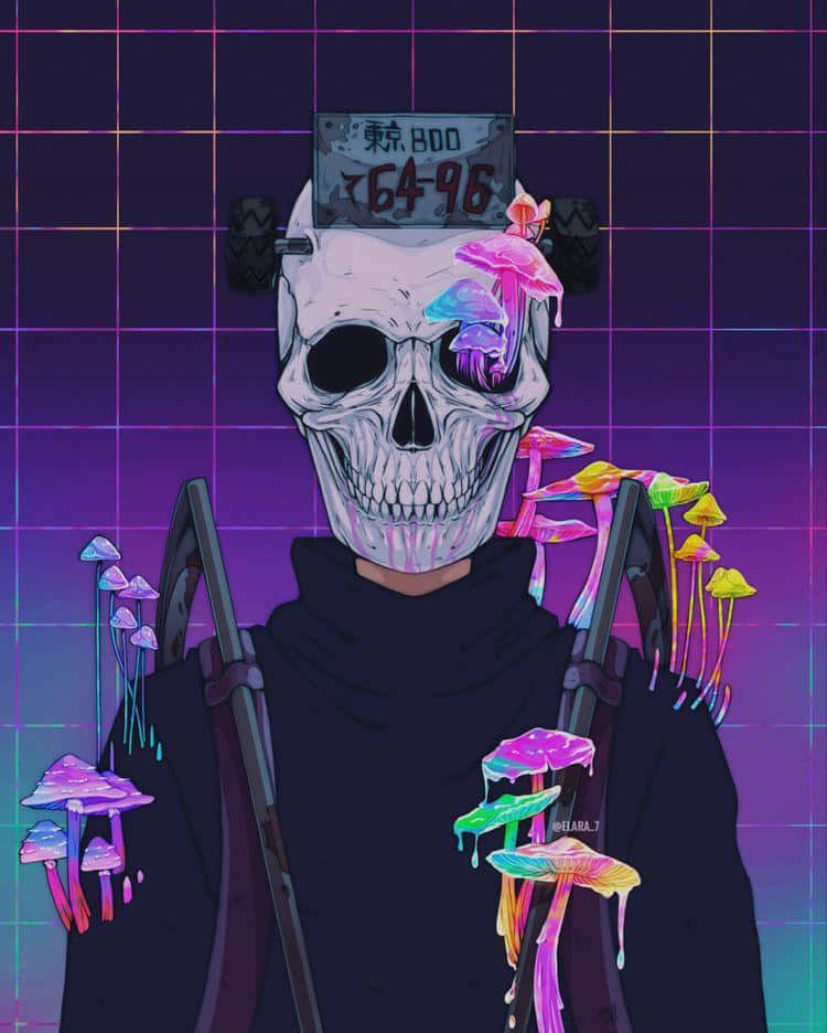 Purple Skull Aestheticwith Neon Mushrooms Wallpaper