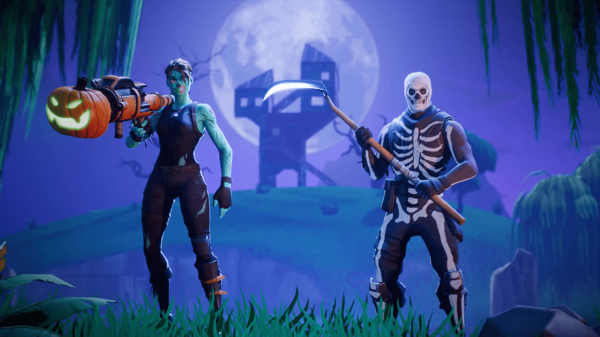 Two Skeletons In Front Of A Halloween Scene Wallpaper