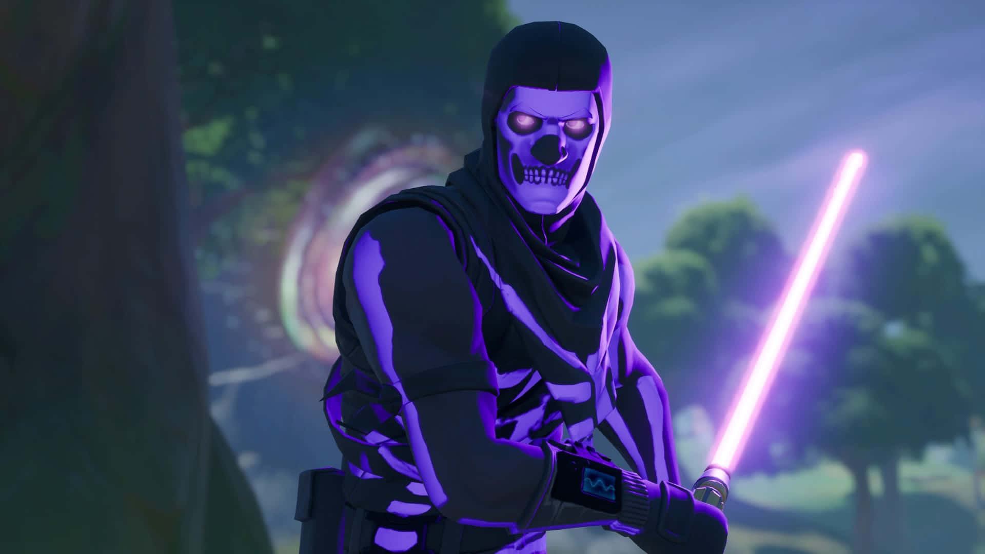 En modig moderne gamer iført den berømte Purple Skull Trooper-dragt. Wallpaper